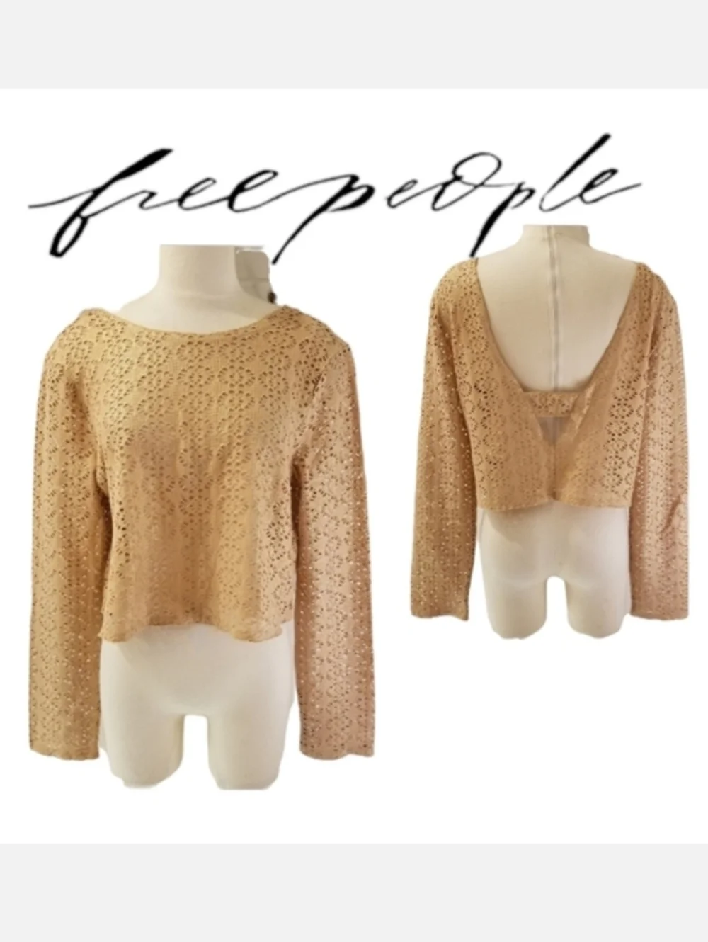 Free People Beach Metallic Gold Lurex Long Sleeve Cut Out Crochet Crop Top Sz L